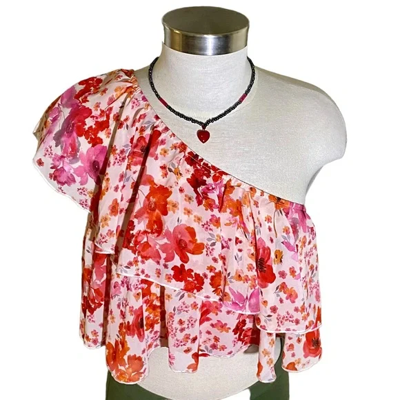 Floral Print One Shoulder Ruffle Trim Top - Picture 15 of 15
